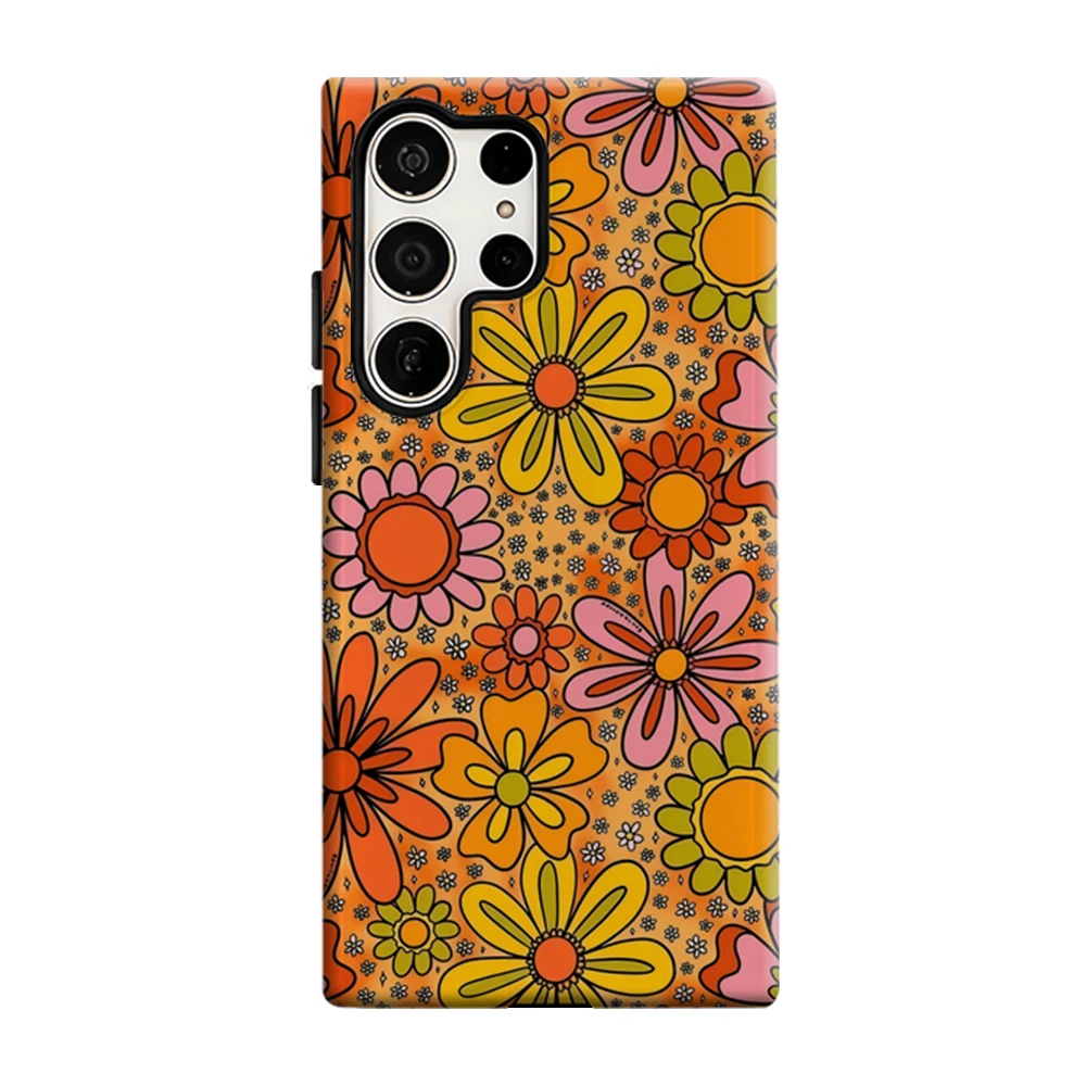 Orange Retro Floral Phone Case for Samsung Galaxy S25 Ultra S24 S23 Ultra Plus Glossy Double-layer Back Cover