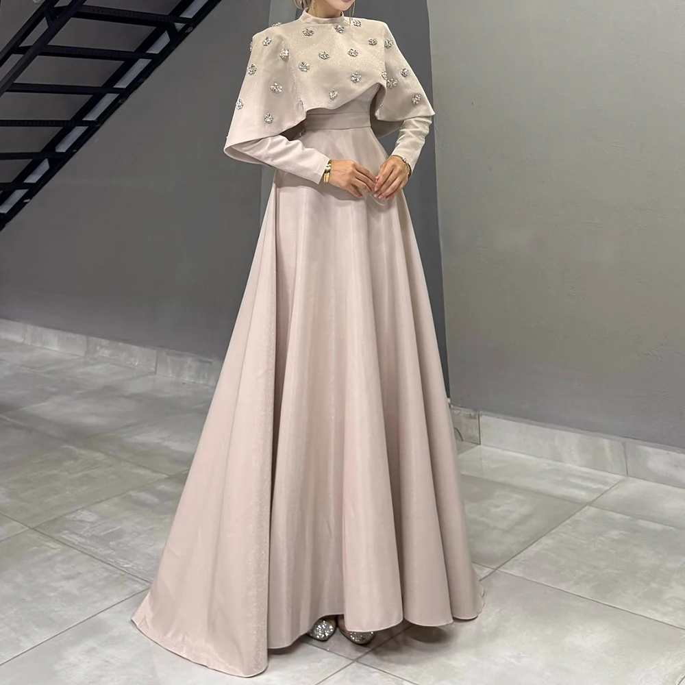 Customized A-line Evening Dresses Floor-length High-neck Full Sleeve Prom Gown Fashion Crystal Stole Simple Draped Party Gown image 3
