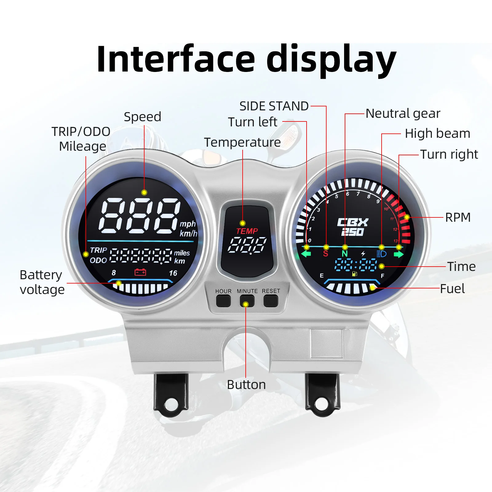 

New Motorcycle Digital Speedometer Dash for 37100-KPF-961 For Honda CBX250 CBF250 Twister 2001-2008 Electronics Thermometer LED