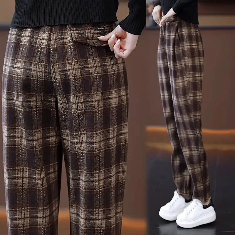 

Шерстяные шаровары в клетку в стиле ретро, осень 2021, новинка осени и зимы, повседневные модные универсальные брюки с высокой талией для женщин