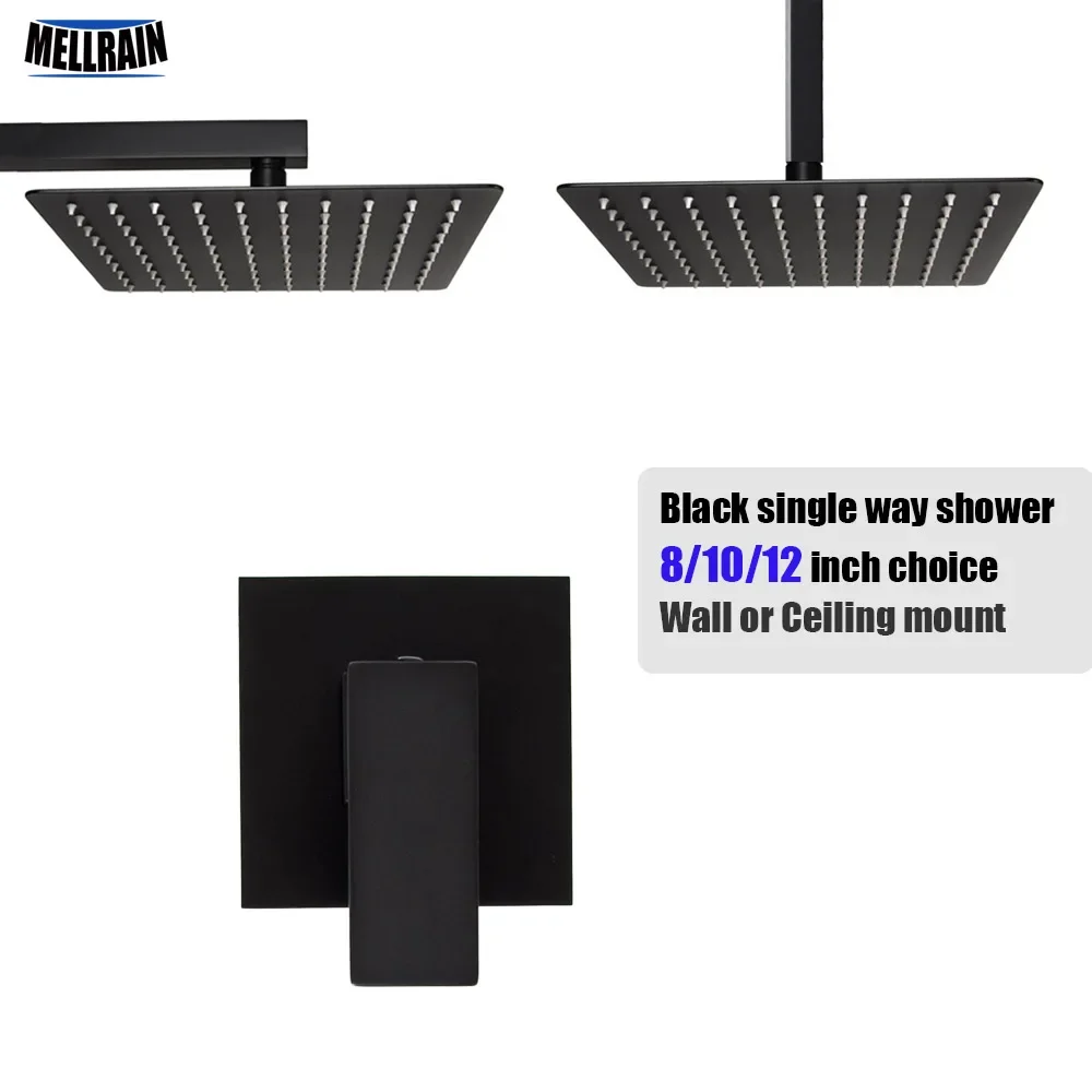 

Quality Black Plated Single Handle Bath Shower Set Square Water Mixer Wall Or Ceiling Mounted Rain Shower Head 8/10/12 Inch