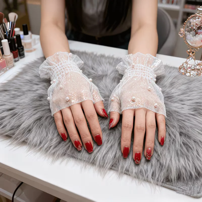 1 set Shiny Sequin And Pearl Embellished Lace Gloves for Nail Art Perfect for Salon Photography And Display Cute Wrist Embellish