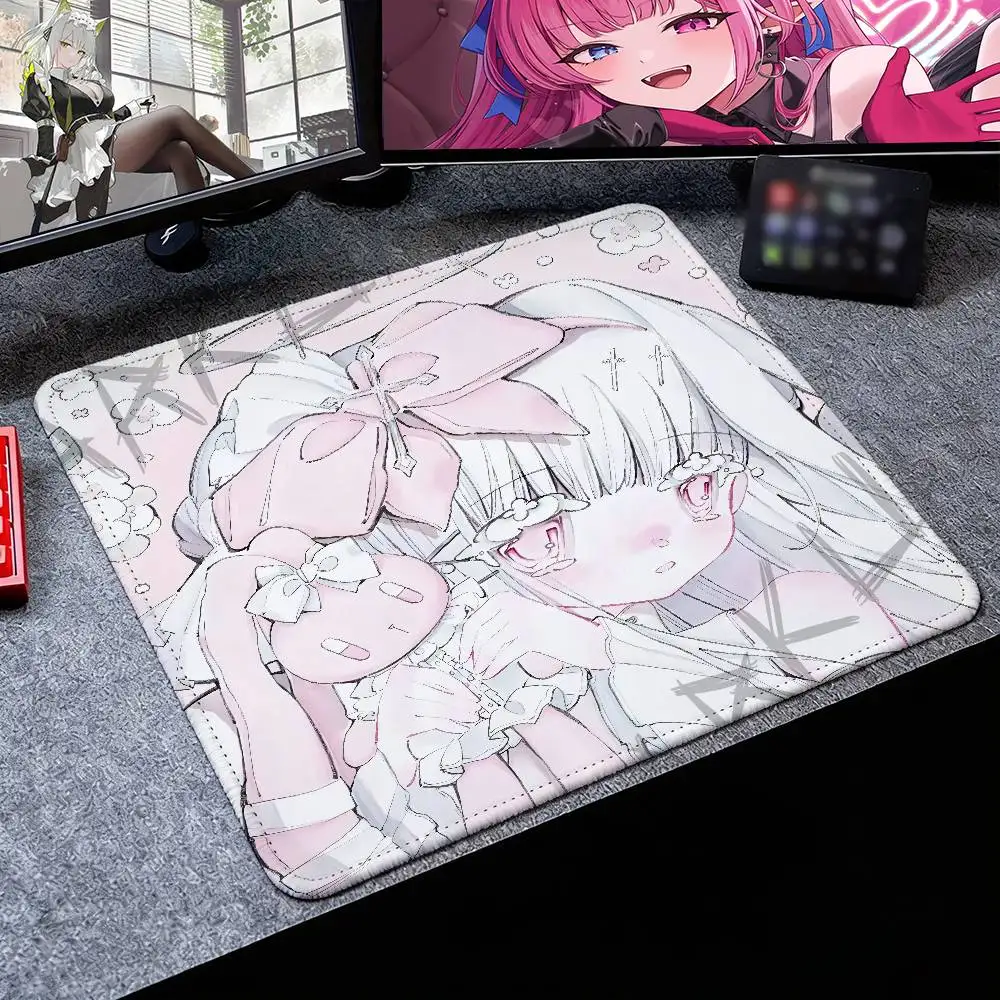 Pastel Pink Lolita Anime Girl Mouse Pad, Kawaii Sketch Style Cute Character Desk Mat, Sweet Lace Bow Angel Girl Gaming Mousepad