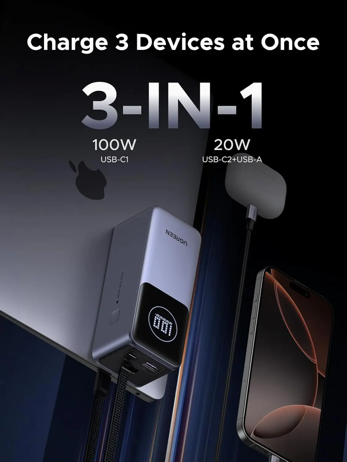 UGREEN Nexode Power Bank 20000mAh 130W with Built-in USB C Cable Laptop Travel Portable Charger, 80W Input Fast Charging