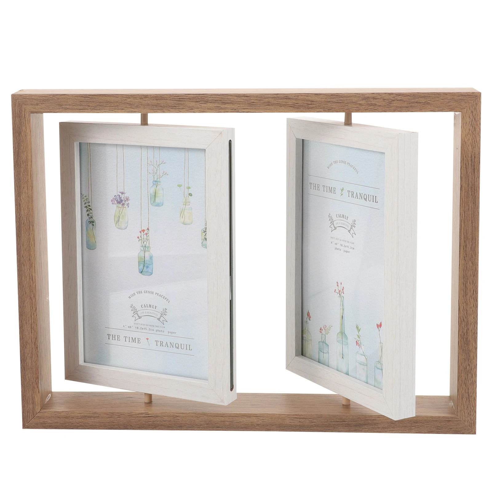 

1pc Rotating Photo Frame 6 Inch Double Sided Wood Picture Holder Coffee Color Desk Decor Living Room Office Frame