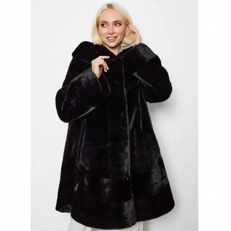 معطف فرو صناعي فضفاض مختلط مع ملابس نسائية طويلة بغطاء للرأس #1