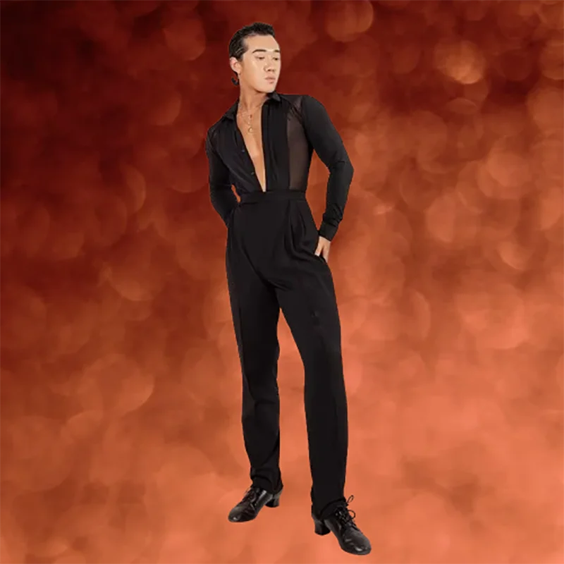 Męska odzież do tańca latynoamerykańskiego z długim rękawem i guzikami, strój do tańca towarzyskiego, samba, rumba, na występy sceniczne.