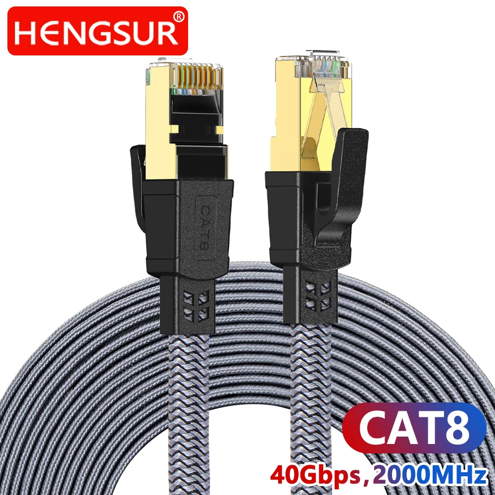 HENGSUR CAT8 Ethernet Cable 40Gbps RJ45 Nylon Braided Flat Network Lan Patch Cord for Laptops PS 4 Router Ethernet Cable Cat 8