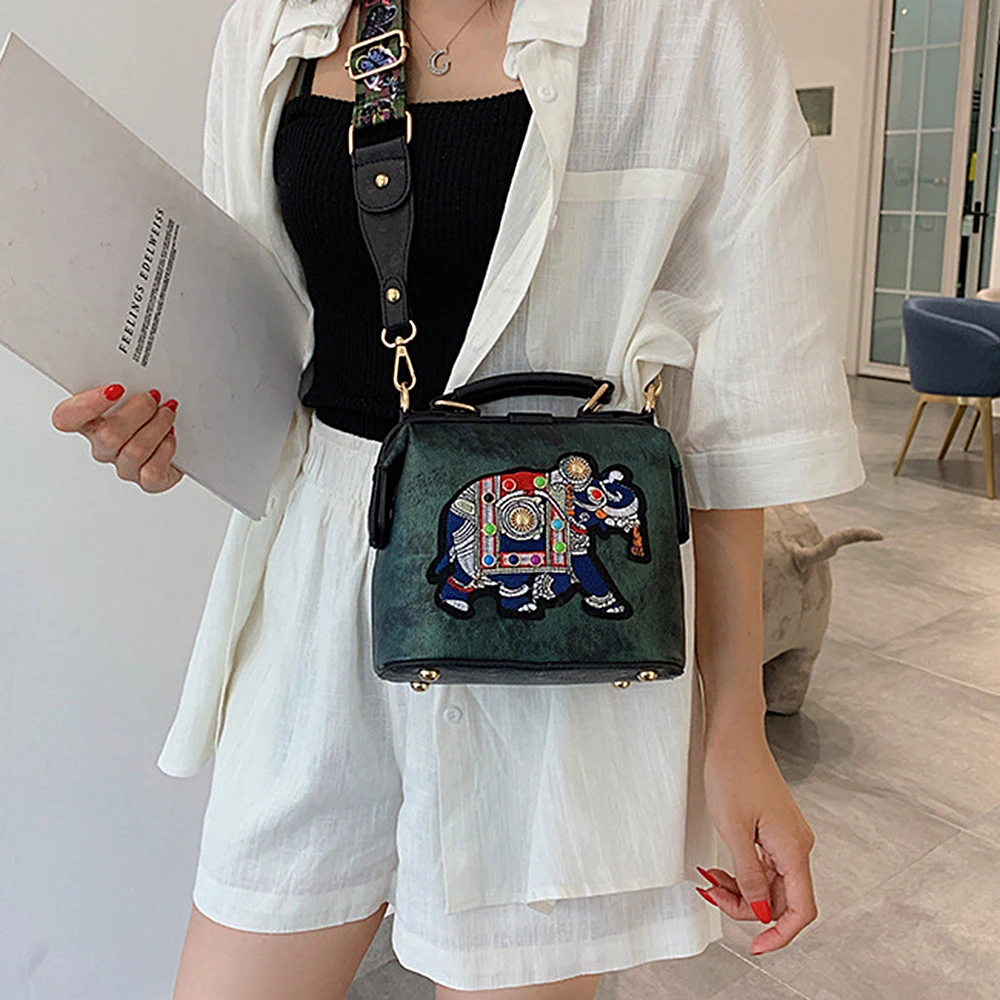 Hot Vintage Embroidered Elephant Bag Women\'s PU Leather Wide Handle One Shoulder Crossbody Women\'s Handbag Christmas Gift