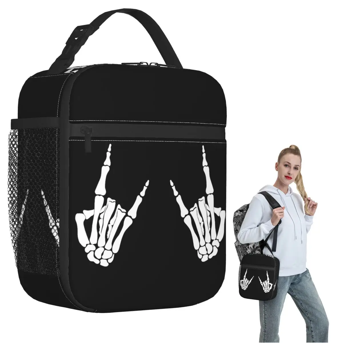 Skeleton Hands Gestures Print Insulated Lunch Bag for Women Children Leakproof Food Boxes Thermal Lunch Box Tote