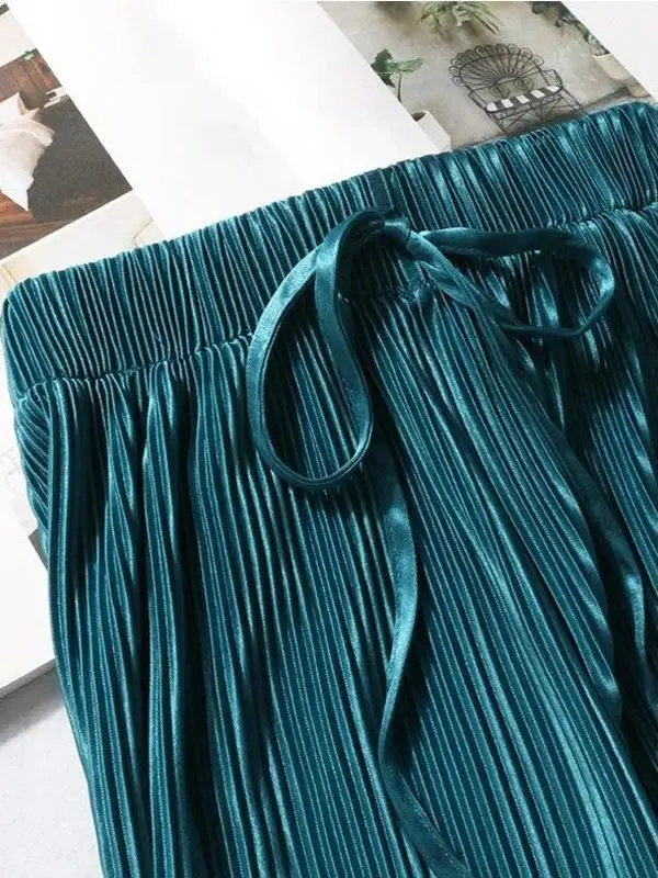 الربيع الصيف رقيقة مطوي السراويل الشيفون مستقيم الساق عارضة السراويل غير المتكافئة الشارع Sle l الخصر مطاطا بوليست... #2