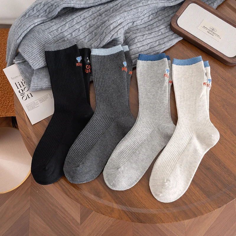 

1/4 pair of gray cat anti odor mid tube socks spring summer thin cute cartoon simple comfortable casual socks