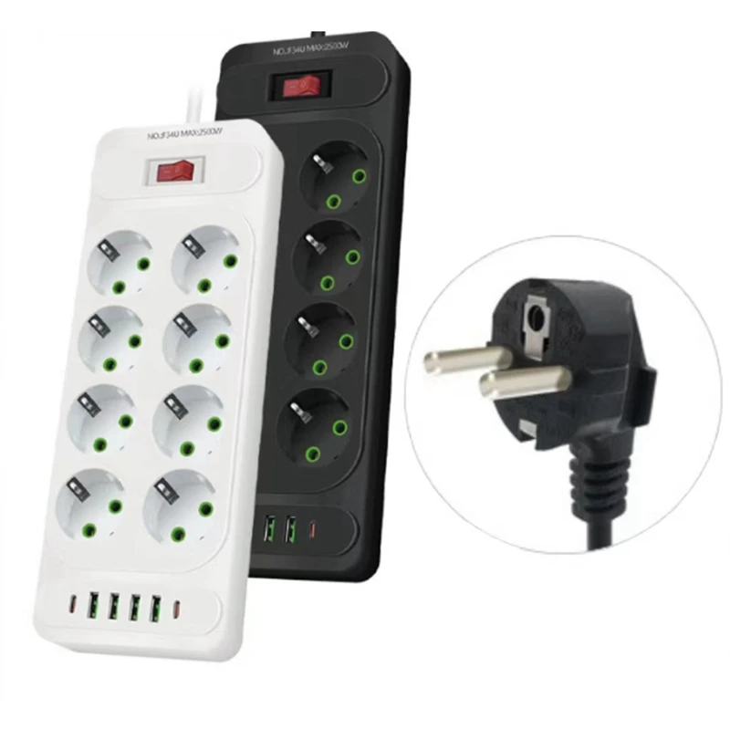 8Holes EU Plug AC Socket Multi Tower Power Strip 2M Extension Cable Electrical Outlet Smart USB Socket With Switch