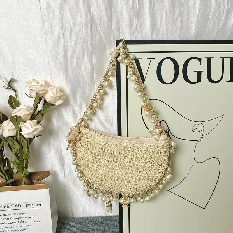 Summer Trend Design Pearls Chains Conch Straw Bag Hand-made Paper Weaving  Half Moon Handbag Bohemian Vacation Beach Bag Female