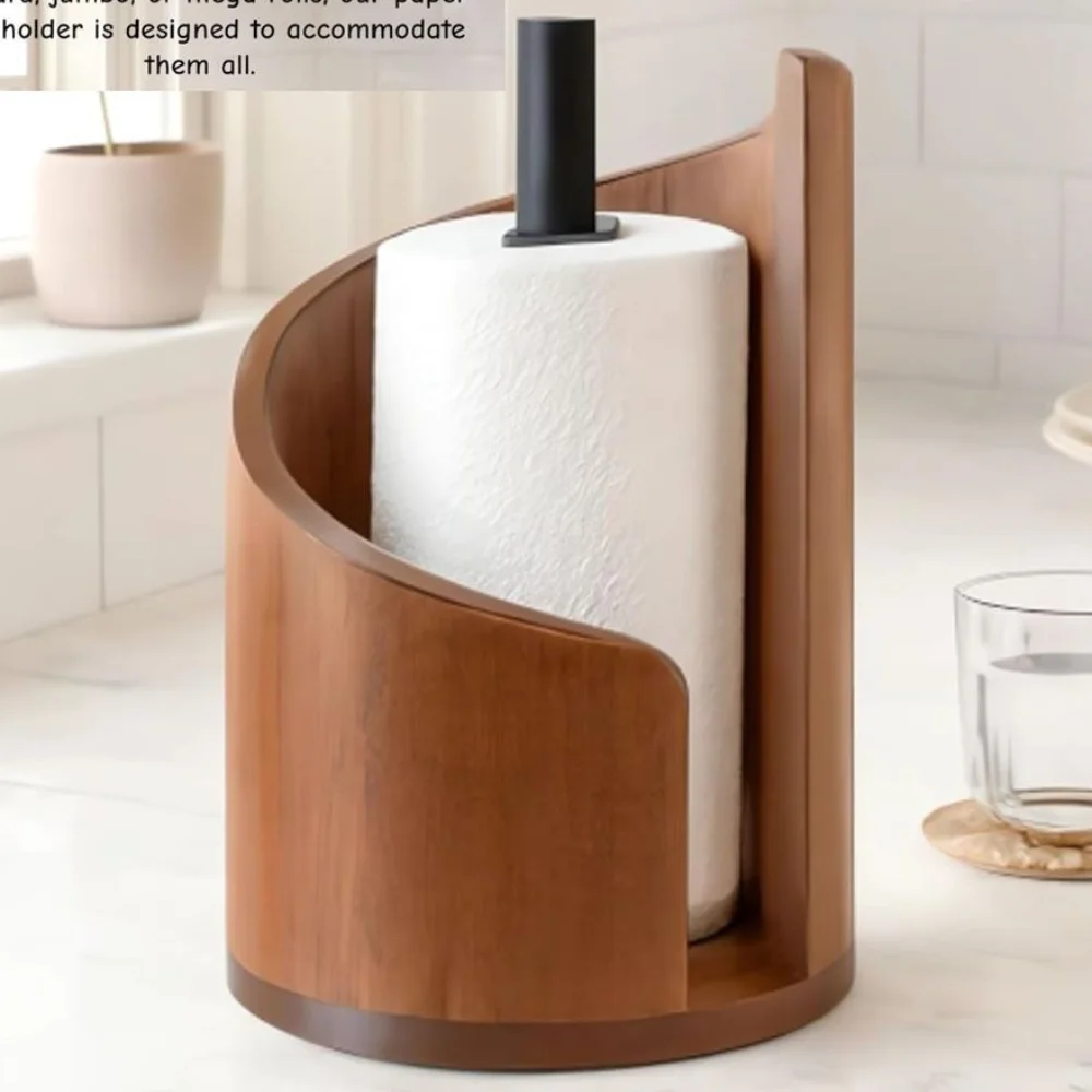 

Creative Gift Wooden Paper Towel Holder with Mango Wood Round Base with Iron Holder Mango Wood Stand Tissue Holder Home Decor