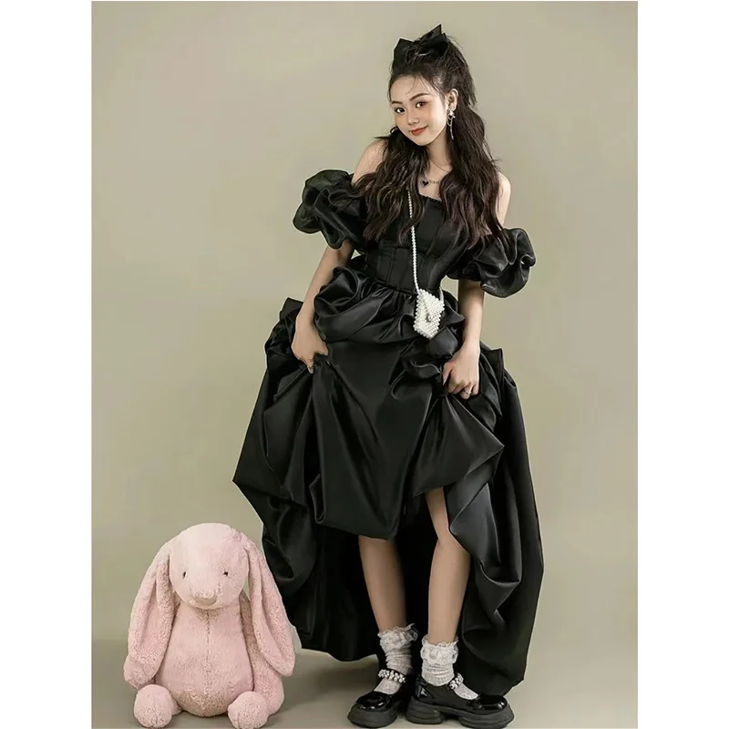

Black Evening Gown for Engagement Photoshoot Couple Studio Photography Wedding Dress Long Skirt High Waist A-Line Dress