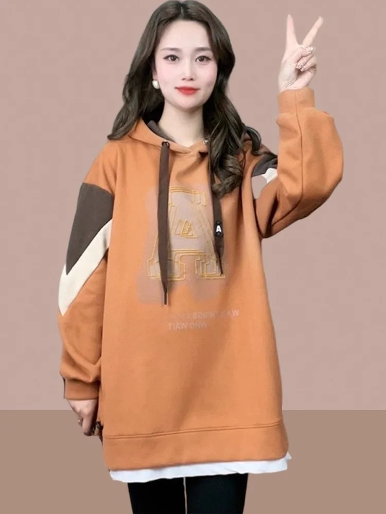 Women's Long Sleeve Hoodie Thin Spring Autumn Fake Two-Piece Long Shirt Korean Style Commute Wind Loose Fit Brand Xiangduor