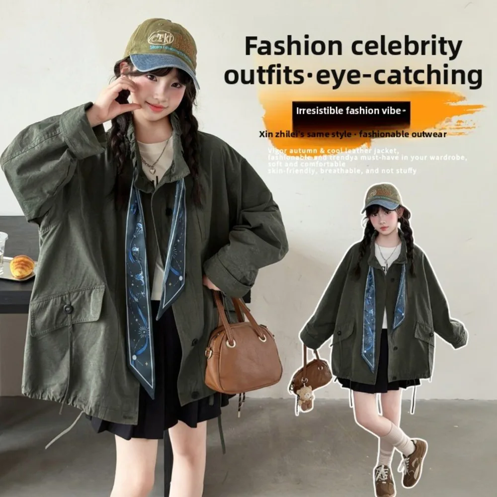New Autumn Girls Korean‑Style Army Green Trench Coat Loose Stand Collar Jacket Outerwear For Kids Girls Spring Fall Outdoor Wear