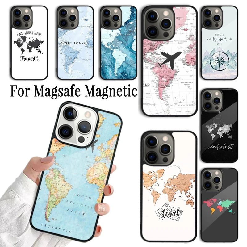 Funda de teléfono Coque para iPhone 16 15 14 13 12 Mini 11 Pro Max Plus Magsafe cubierta de carga inalámbrica magnética mapa del mundo viaje