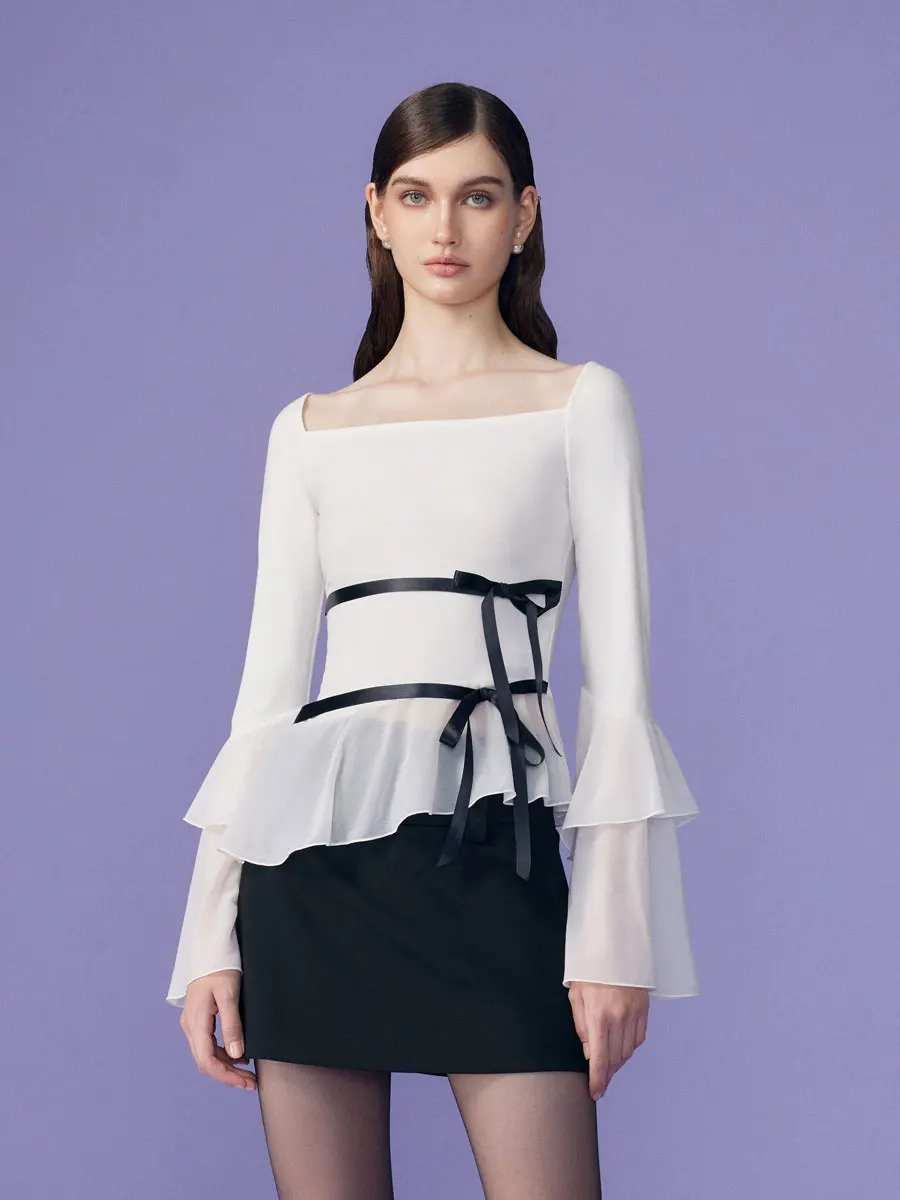 

Женская базовая футболка ClinkClunk Original Design с прозрачным квадратным воротником, завязками и длинным рукавом, приталенного кроя