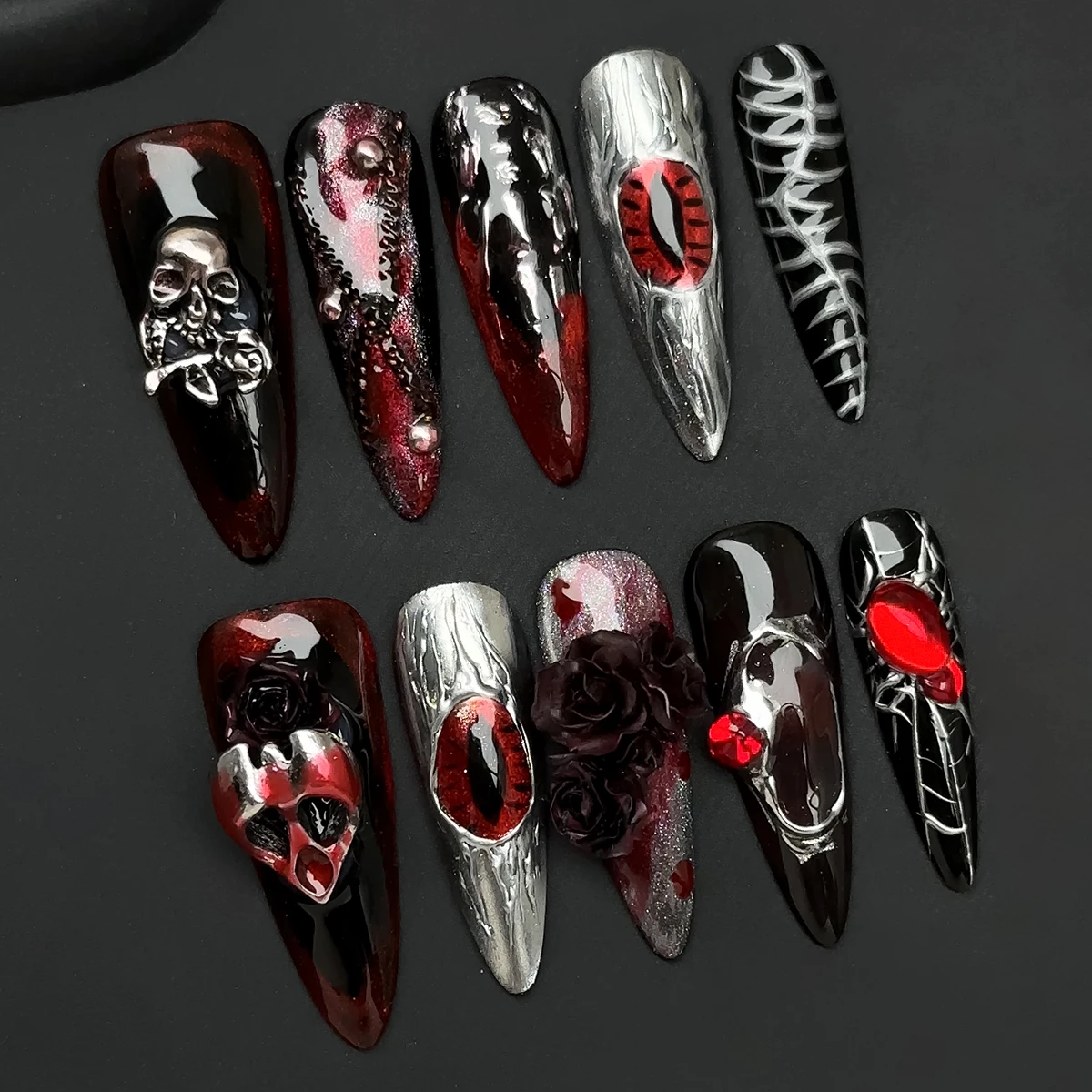 10pcs/Set Handmade acrylic press on nails Long high-heeled finger nails，halloween nails , 3D rose skull devil's eye fake nails，
