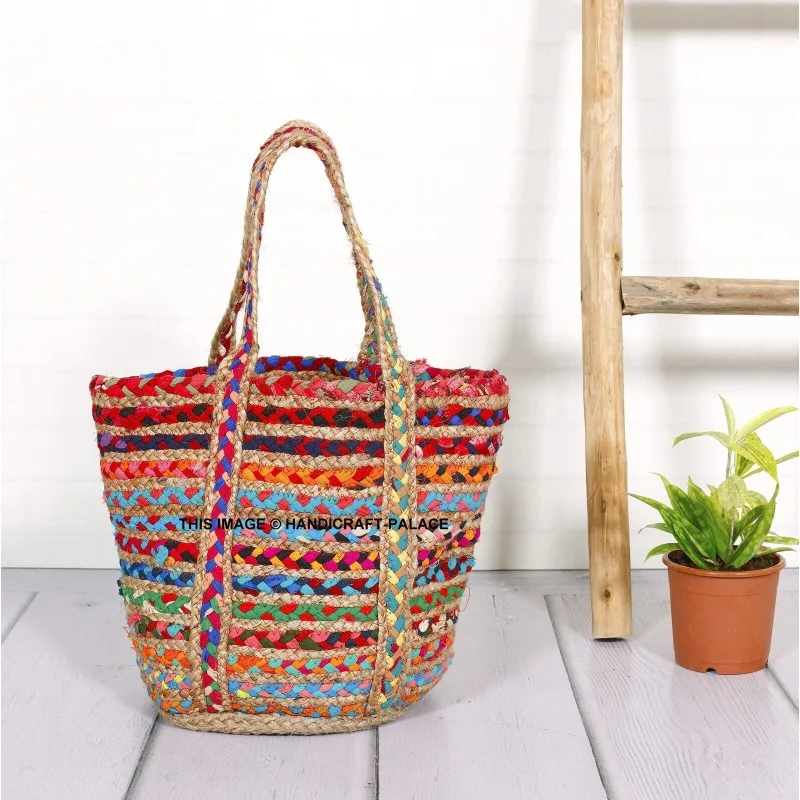 

Indian Jute Hand Braided Bag Multi Woven Handbag Wide Space Storage Tote Bag