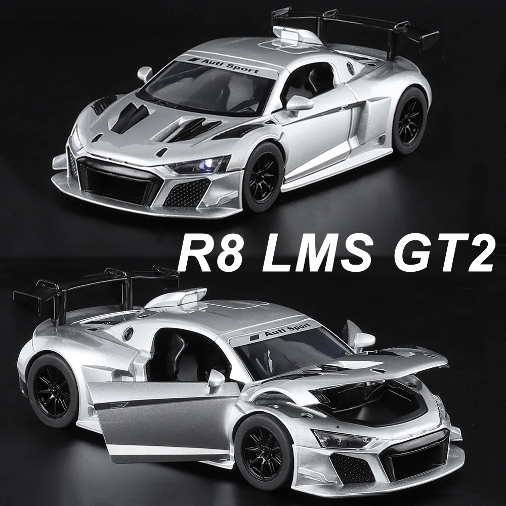 

Масштаб 1:24 R8 LMS GT2 RS7, литая под давлением модель из сплава, игрушки, двери автомобиля, открытый звук, свет, откат, миниатюрный автомобиль для мальчика, подарок на день рождения
