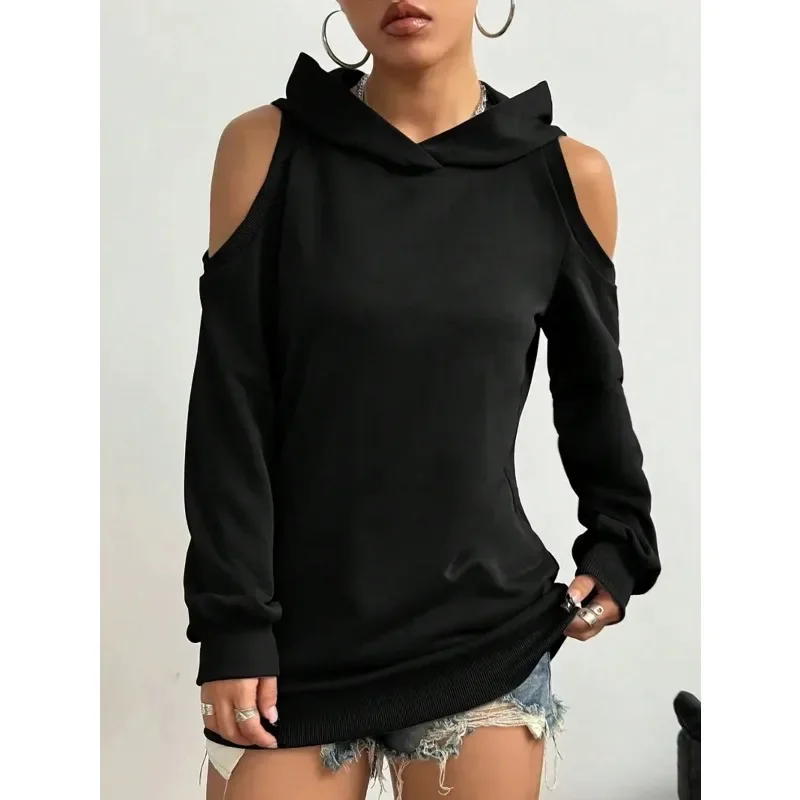 Plus Size Women's  Long-sleeved Drawstring Hooded Pullover Sweater Pure Color High-grade Black Off-shoulder Pocket Sweater