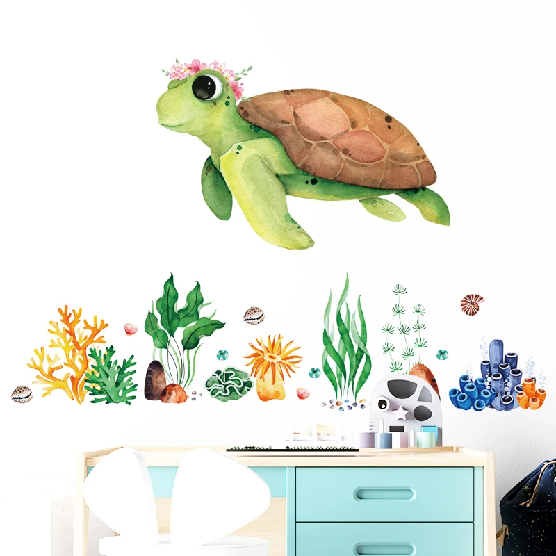 Green Sea Turtle Watercolor Style Wall Stickers for Kids Room Children Room Wall Decals Decorative Murals Wallpaper Underwater