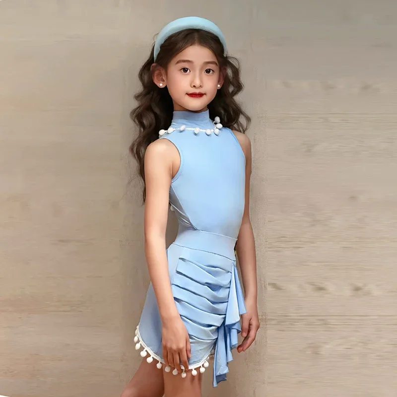 

Latin Dance Costume For Girl Tango Samba Dance Practice Clothes Kids Cha Cha Performance Wear Blue High-Neck Dancer Set