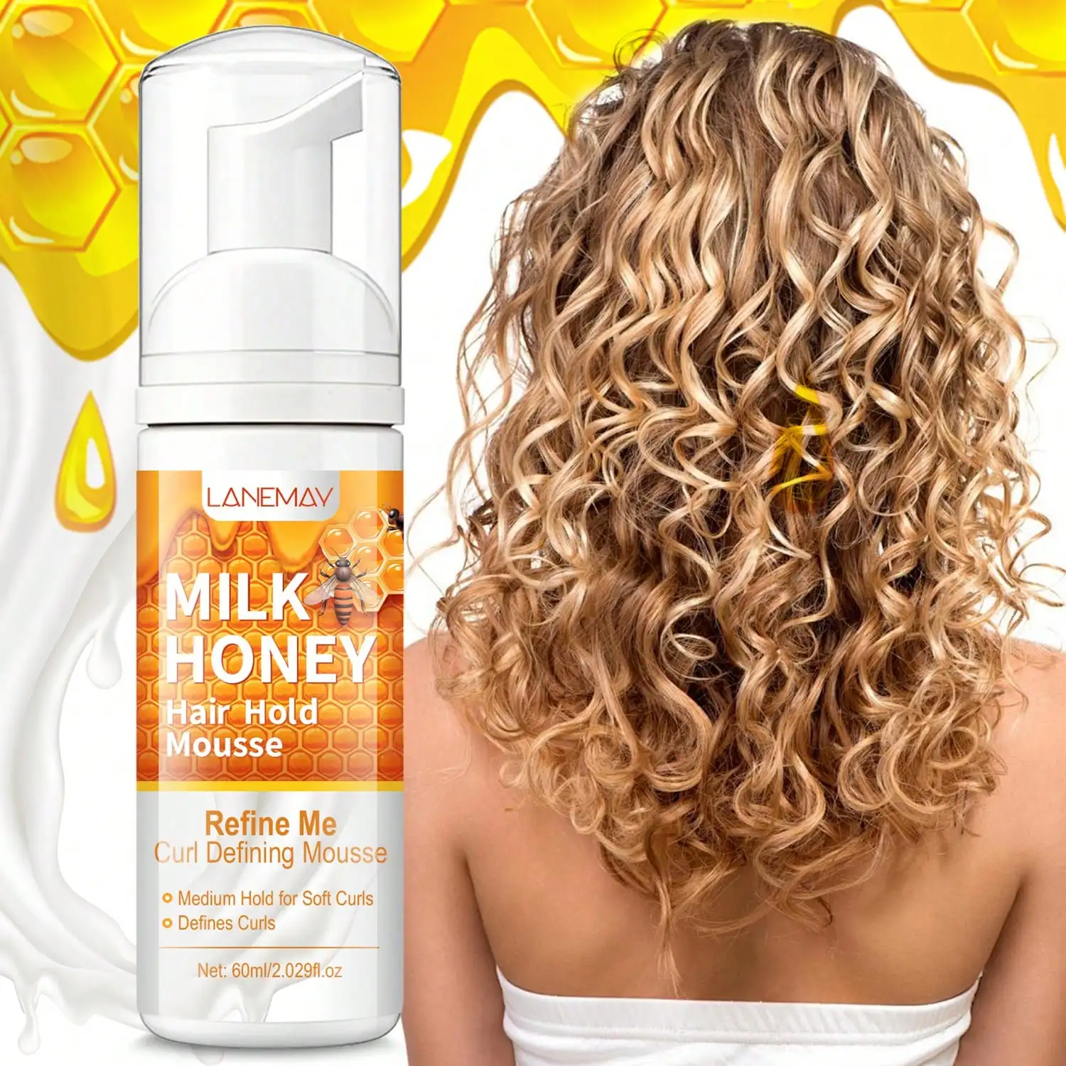 

Мусс с молочными и медовыми завитками — создает мягкие локоны, определенные волны и огнедывающие вьющиеся волосы, стойкая прочность и защита от тепла