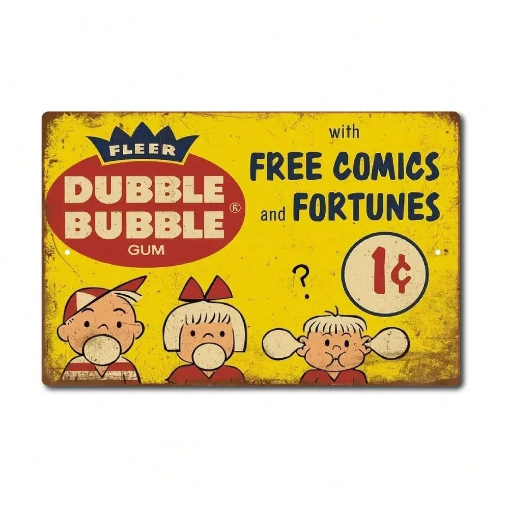 （2D Tin painting）Vintage Retro Metal Tin Sign - Double Bubble Gum Decor | Classic Brand Style Wall Art for Home Bar
