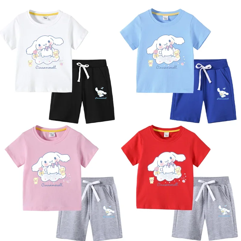 

Sanrio Anime Cinnamoroll Children's Short Sleeved Top Shorts Set Cotton T-shirt Kawaii Boys Girls Summer Casual Clothes Kid Gift