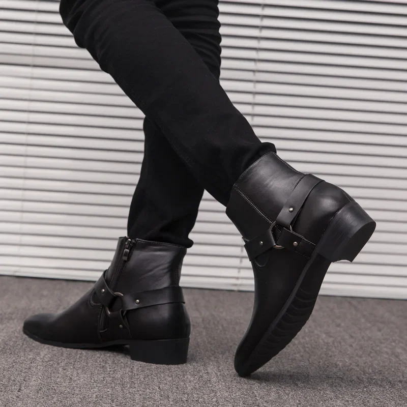 2022 New Ankle Boots Chelsea Boots PU Leather Men Boots Breathable Autumn Winter Fashion Pointed Toe Heels Dress Shoes Big Size