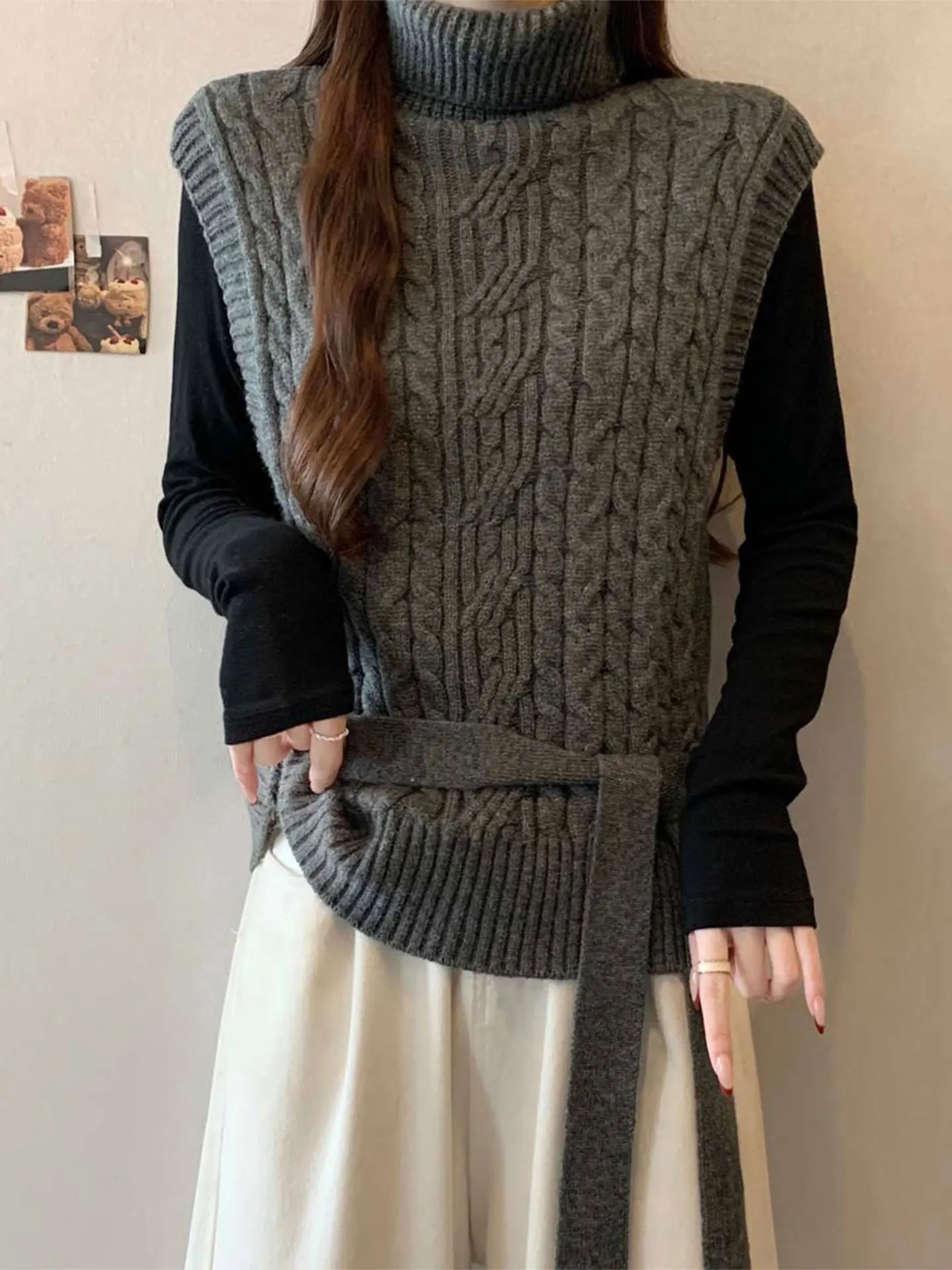 

Ay Вязаный свитер с высоким воротником и длинным светом, женский жилет больших размеров, модный многослойный топ с поясом на талии, повседневный Sle