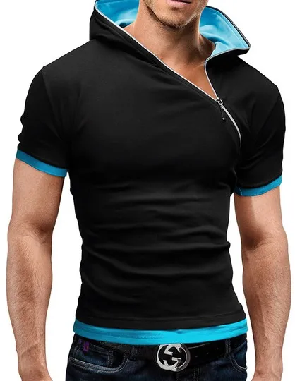 Męskie koszulki z zamkiem błyskawicznym, topy, t-shirty na lato z bawełny, z dekoltem w serek, z krótkim rękawem, modne męskie t-shirty z kapturem, dopasowane.
