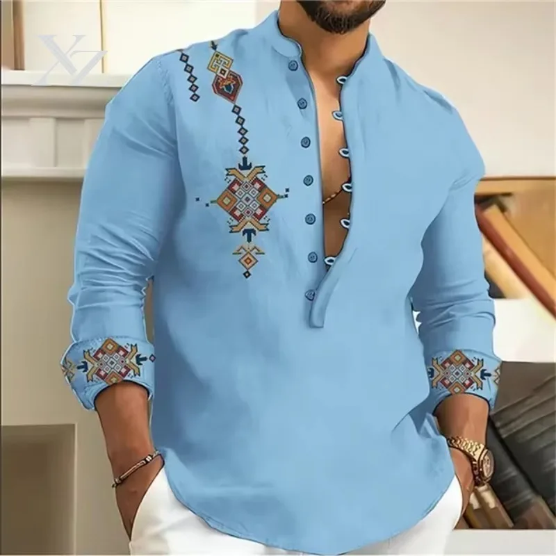 Hot Sale Men's Retro Tribal Geometric Printed Long Sleeved Shirt, Casual Comfortable Breathable Plus Size XS-6XL