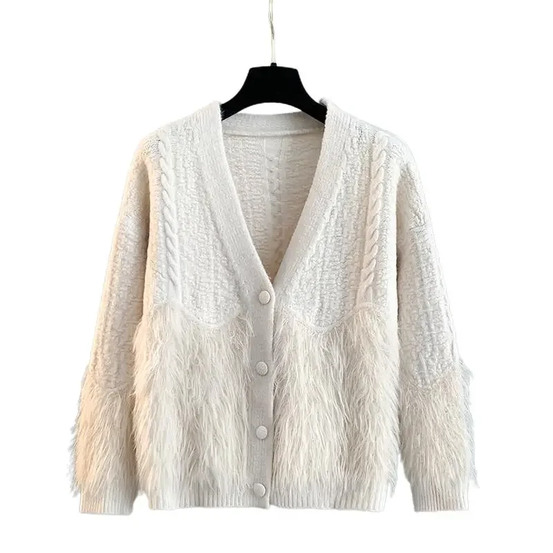 Kardigan rajutan warna solid yang modis, sweater berkerah V yang tebal