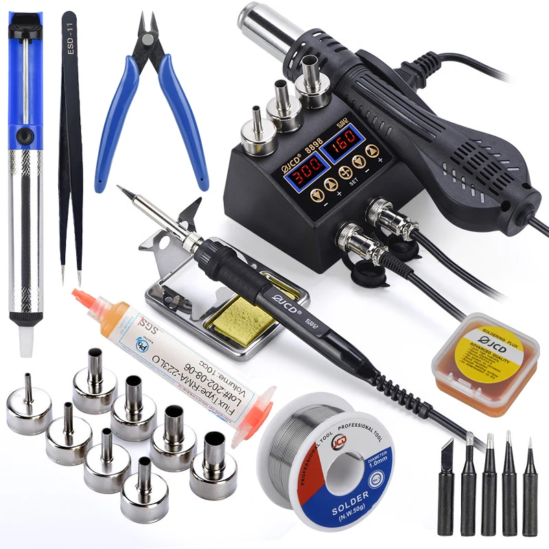 JCD 8898 Soldering Station 750W LCD Digital Display SMD Welding Hot Air Gun Solder Rework Station Soldering Iron Repair Tool Kit