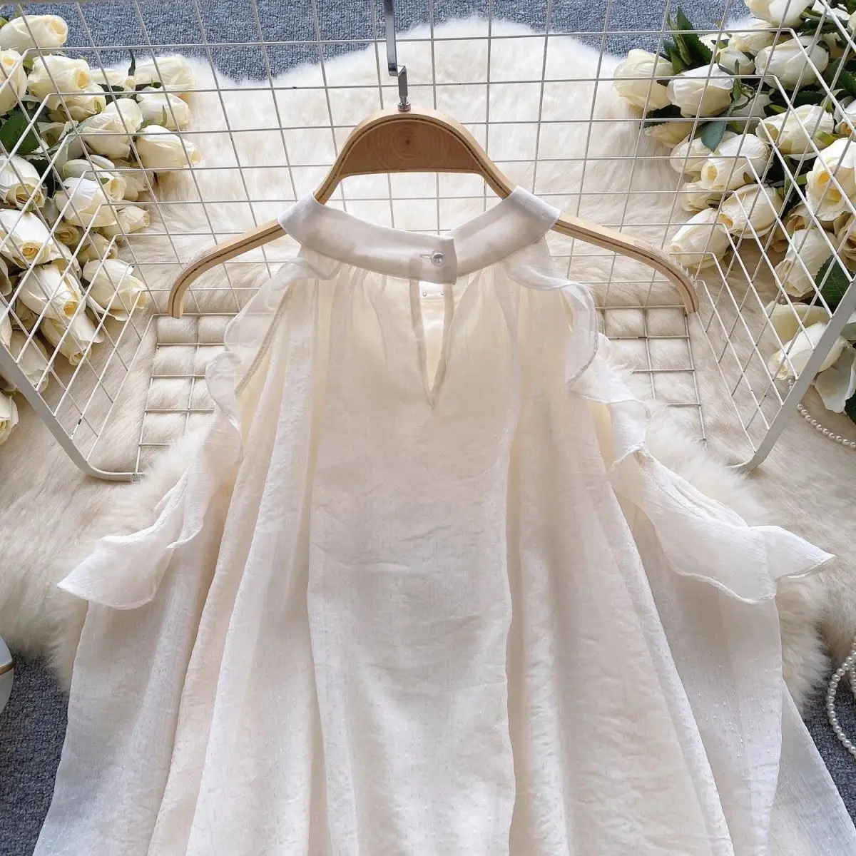 Perlenbesetztes Neckholder-Top Chiffon-Bluse Damen Elegante Rüschen Off-Shoulder-Top Langarm Frühlingshemd Locker Lässig – Detail 7