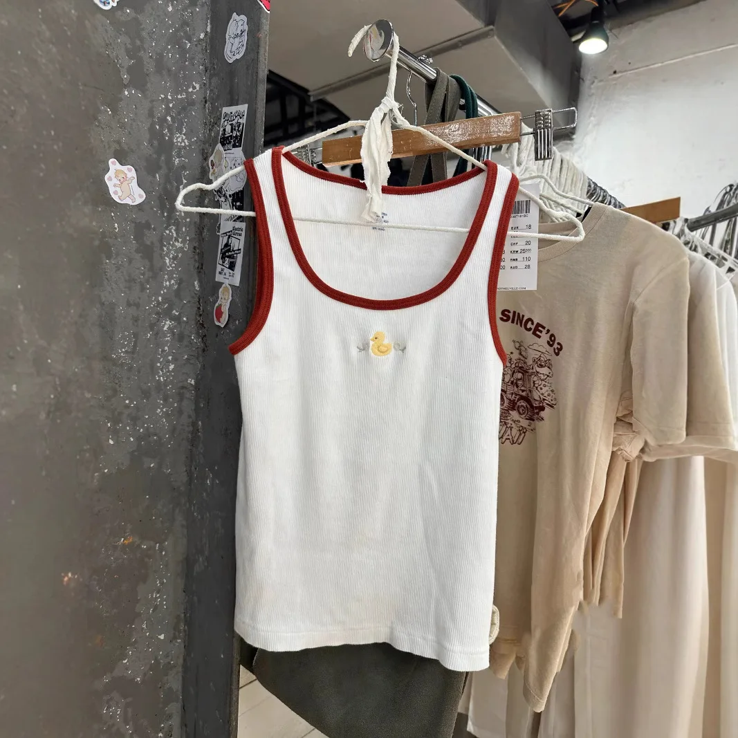 New Duck Embroidered Tank Top Women Spring Casual Preppy Style Slim Red Hem U-neck Sleeveless Camis Cute Sweet Vintage Vests Y2K