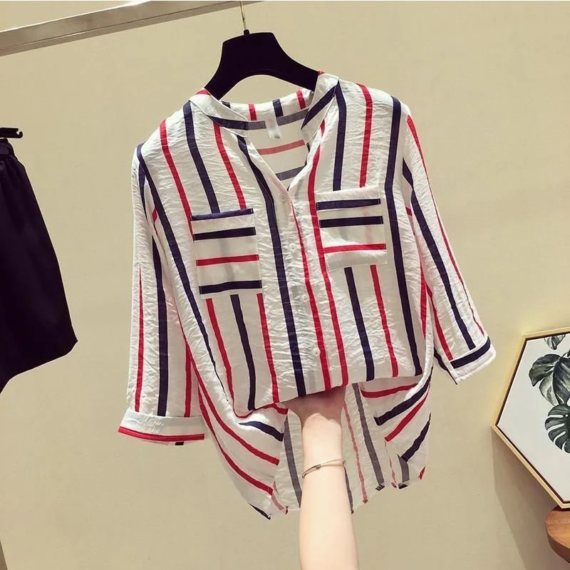 2024 New Summer KPOP Fashion Style Retro stile coreano sciolto Office Lady t-shirt per le donne a righe a maglia con scollo a V tasche top