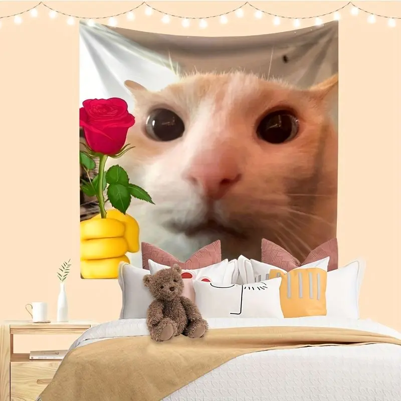 VIKAMA Kawaii Cute Orange Cat Red Rose Emojis Healing Tapestry, Adorable Wall Hanging for Bedroom Living Room Dorm