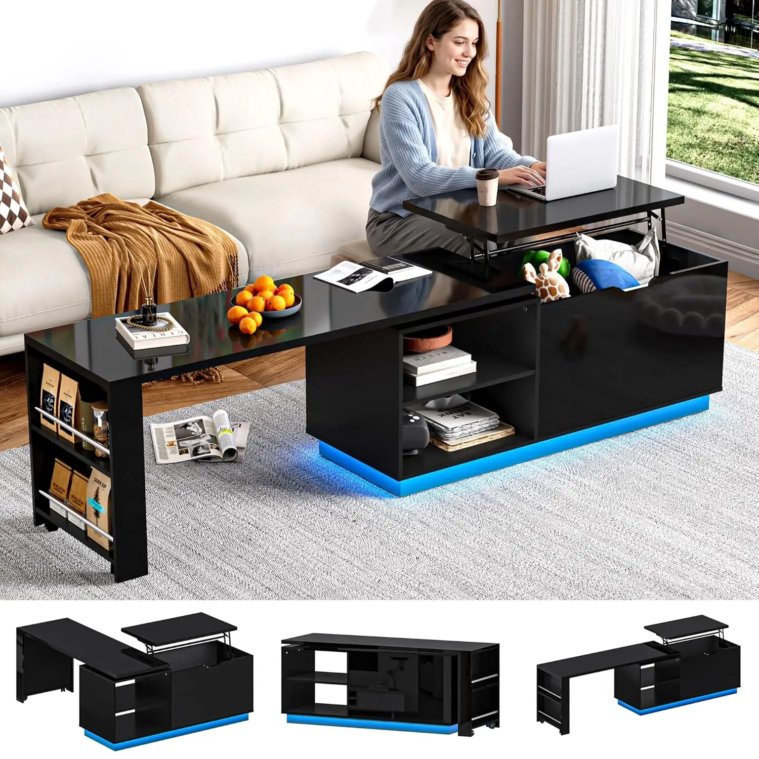 

Extendable High Glossy Coffee Table Lift Top Storage 360° Rotation RGB LED Living Room Home Office 57-90", Customized