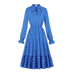 French countryside style blue wavelet point versatile skirt Spring and Autumn style bow tie neck slim fit dress