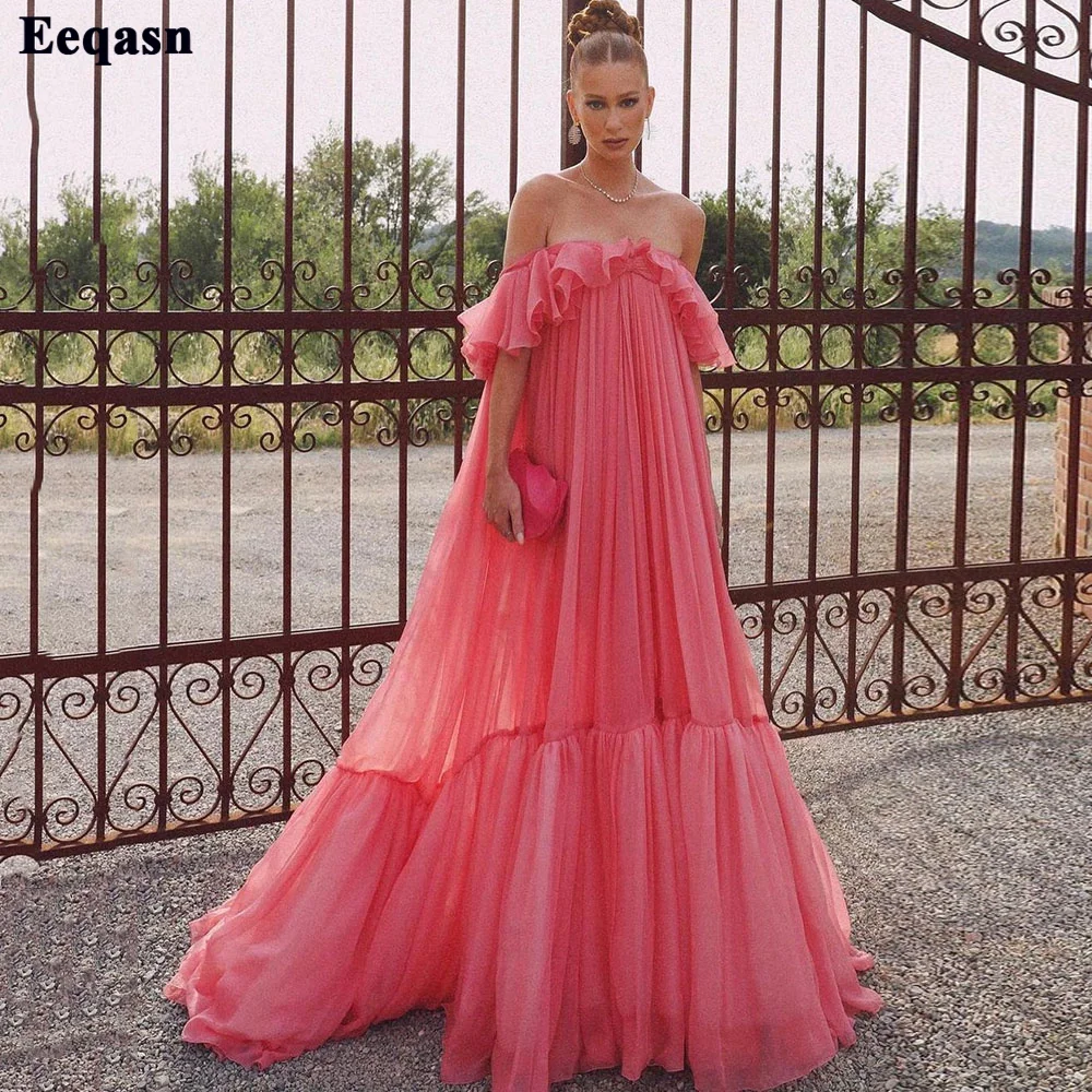 Customized Watermelon Red Chiffon Prom Party Dresses High Waist Off The Shoulder Formal Evening Party Dress Tiered Wedding Gowns