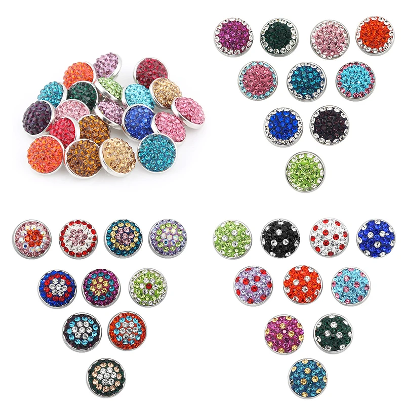10pcs Handmade Rhinestone Clay Colorful Circle Dots Flowers Patterns 12MM Snap Buttons for DIY 12MM Snap Bracelets Jewelry
