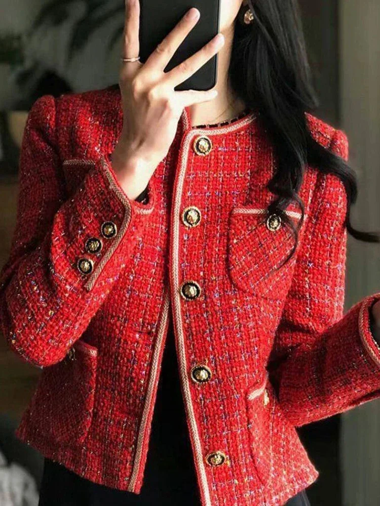 

Korean Elegant Loose O-neck Single Breasted Red Tweed Blazer Women's Suit Coat with Long Sleeves Fashion Autumn Winter Casual