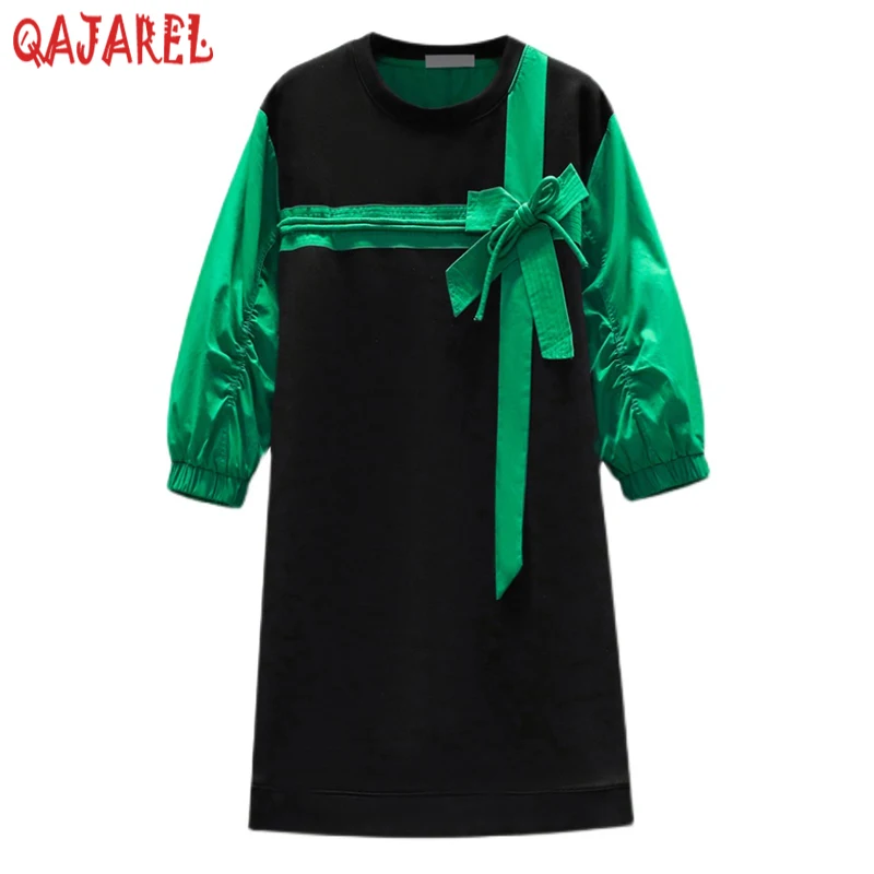 Women Black Patchwrok Fashion Bow Mini Dress Summer Elegant Loose Waist Dress 2024 Korean Vintage Hepburn Casual Evening Dress