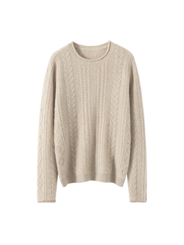 O-Neck Autumn Winter Jacquard Pullover Knitted Sweater Solid Women's 100% Cashmere Soft Warm Comfort Cable Stitch Clothing Tops